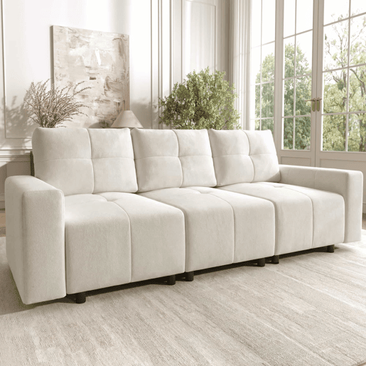 Sofá modular de 3 lugares, 213 cm u2013 assento ajustável em chenille u2013 branco bege Sofá modular de 3 lugares, 213 cm u2013 assento ajustável em chenille u2013 branco bege