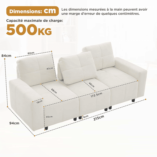 Sofá modular de 3 lugares, 213 cm u2013 assento ajustável em chenille u2013 branco bege Sofá modular de 3 lugares, 213 cm u2013 assento ajustável em chenille u2013 branco bege