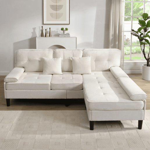 Sofá de canto modular de 3 lugares, 195 cm u2013 chenille com chaise longue e puf móvel u2013 bege claro