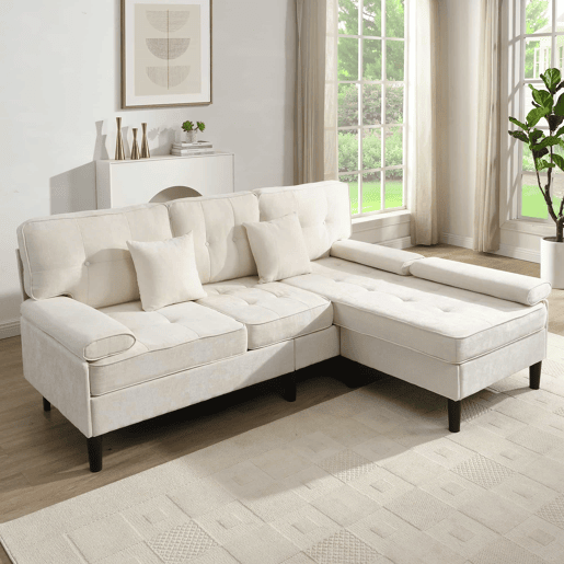 Sofá de canto modular de 3 lugares, 195 cm u2013 chenille com chaise longue e puf móvel u2013 bege claro