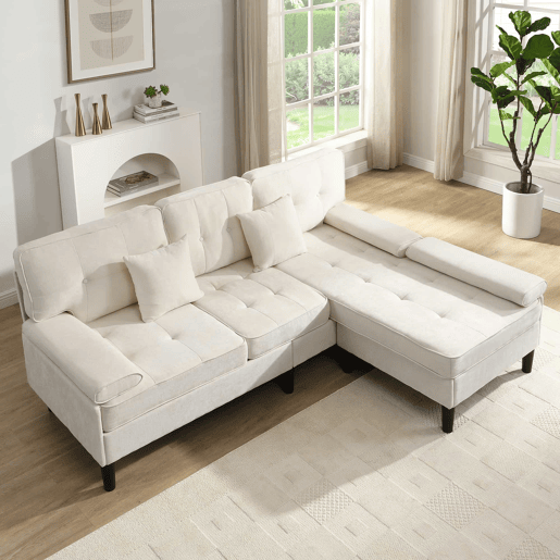 Sofá de canto modular de 3 lugares, 195 cm u2013 chenille com chaise longue e puf móvel u2013 bege claro
