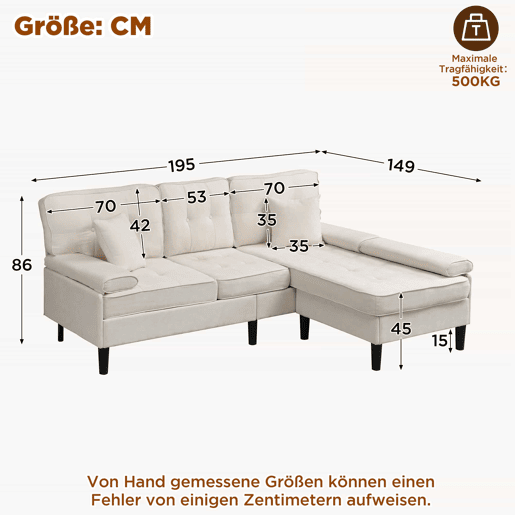 Sofá de canto modular de 3 lugares, 195 cm u2013 chenille com chaise longue e puf móvel u2013 bege claro