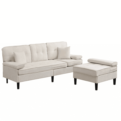 Sofá de canto modular de 3 lugares, 195 cm u2013 chenille com chaise longue e puf móvel u2013 bege claro