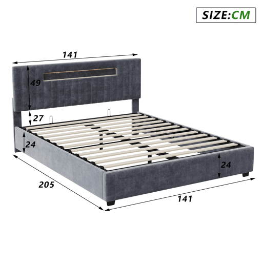 Cama de casal 140×200 cm u2014, com função de arrumação, LED, cama de casal confortável adequada para quarto ou quarto de hóspedes, cinzento Cama de casal 140×200 cm u2014, com função de arrumação, LED, cama de casal confortável adequada para quarto ou quarto de hóspedes, cinzento