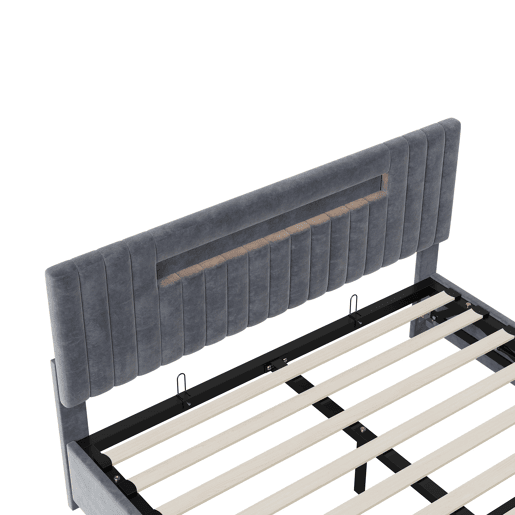 Cama de casal 140×200 cm u2014, com função de arrumação, LED, cama de casal confortável adequada para quarto ou quarto de hóspedes, cinzento Cama de casal 140×200 cm u2014, com função de arrumação, LED, cama de casal confortável adequada para quarto ou quarto de hóspedes, cinzento