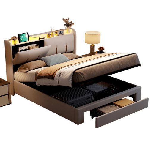 Cama de 140x200cm com porta USB, gavetas, espaço para arrumação, cama de casaladolescente, LED, veludo, Beige Cama de 140x200cm com porta USB, gavetas, espaço para arrumação, cama de casaladolescente, LED, veludo, Beige