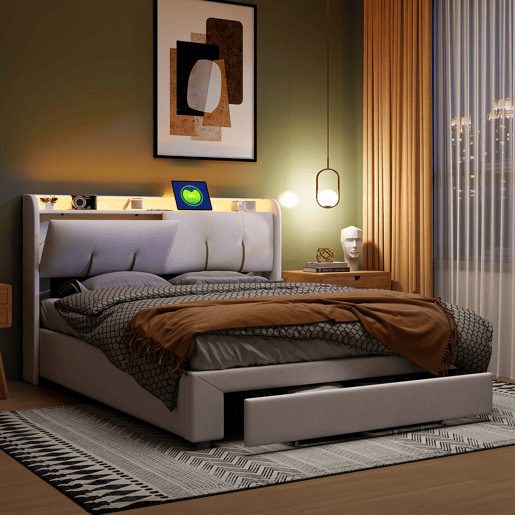 Cama de 140x200cm com porta USB, gavetas, espaço para arrumação, cama de casaladolescente, LED, veludo, Beige Cama de 140x200cm com porta USB, gavetas, espaço para arrumação, cama de casaladolescente, LED, veludo, Beige