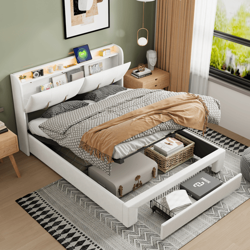 Cama de 140x200cm com porta USB, gavetas, espaço para arrumação, cama de casaladolescente, LED, veludo, Beige Cama de 140x200cm com porta USB, gavetas, espaço para arrumação, cama de casaladolescente, LED, veludo, Beige