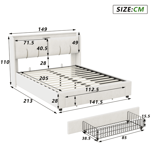 Cama de 140x200cm com porta USB, gavetas, espaço para arrumação, cama de casaladolescente, LED, veludo, Beige Cama de 140x200cm com porta USB, gavetas, espaço para arrumação, cama de casaladolescente, LED, veludo, Beige