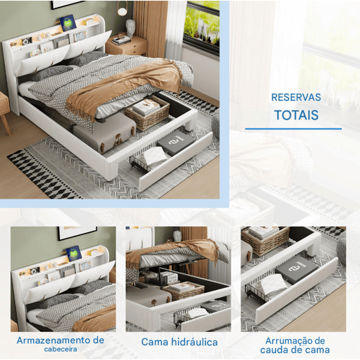 Cama de 140x200cm com porta USB, gavetas, espaço para arrumação, cama de casaladolescente, LED, veludo, Beige Cama de 140x200cm com porta USB, gavetas, espaço para arrumação, cama de casaladolescente, LED, veludo, Beige