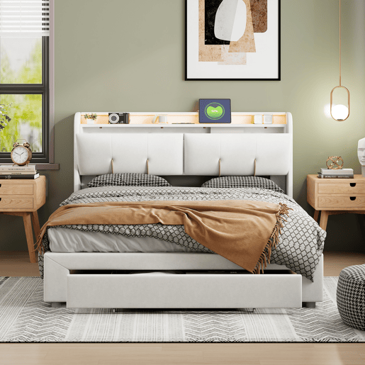 Cama de 140x200cm com porta USB, gavetas, espaço para arrumação, cama de casaladolescente, LED, veludo, Beige Cama de 140x200cm com porta USB, gavetas, espaço para arrumação, cama de casaladolescente, LED, veludo, Beige