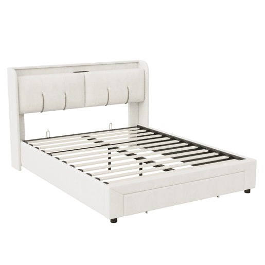 Cama de 140x200cm com porta USB, gavetas, espaço para arrumação, cama de casaladolescente, LED, veludo, Beige Cama de 140x200cm com porta USB, gavetas, espaço para arrumação, cama de casaladolescente, LED, veludo, Beige