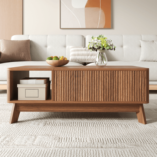 Mesa de centro com altura ajustável - efeito ondulado, compartimento lateral aberto, MDF, estilo moderno - Nogueira