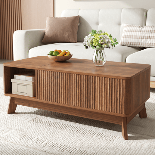 Mesa de centro com altura ajustável - efeito ondulado, compartimento lateral aberto, MDF, estilo moderno - Nogueira