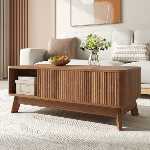 Mesa de centro com altura ajustável - efeito ondulado, compartimento lateral aberto, MDF, estilo moderno - Nogueira