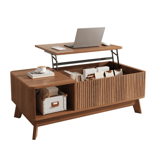 Mesa de centro com altura ajustável - efeito ondulado, compartimento lateral aberto, MDF, estilo moderno - Nogueira