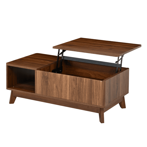 Mesa de centro com altura ajustável - efeito ondulado, compartimento lateral aberto, MDF, estilo moderno - Nogueira