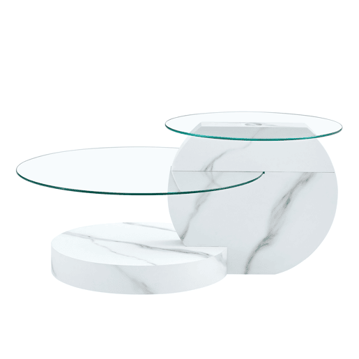 Mesa de centro com 2 níveis - design minimalista, vidro temperado, MDF branco mármore - TransparenteBranco Mesa de centro com 2 níveis - design minimalista, vidro temperado, MDF branco mármore - TransparenteBranco