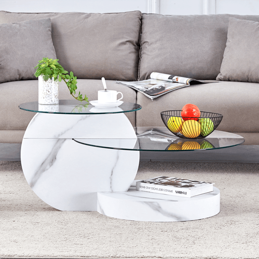 Mesa de centro com 2 níveis - design minimalista, vidro temperado, MDF branco mármore - TransparenteBranco Mesa de centro com 2 níveis - design minimalista, vidro temperado, MDF branco mármore - TransparenteBranco
