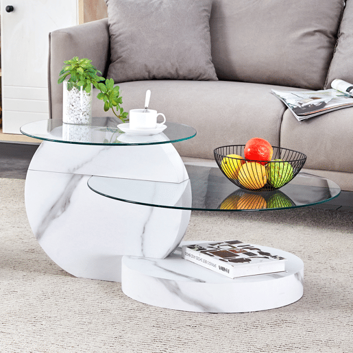 Mesa de centro com 2 níveis - design minimalista, vidro temperado, MDF branco mármore - TransparenteBranco Mesa de centro com 2 níveis - design minimalista, vidro temperado, MDF branco mármore - TransparenteBranco
