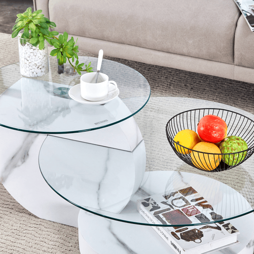 Mesa de centro com 2 níveis - design minimalista, vidro temperado, MDF branco mármore - TransparenteBranco Mesa de centro com 2 níveis - design minimalista, vidro temperado, MDF branco mármore - TransparenteBranco