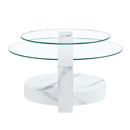 Mesa de centro com 2 níveis - design minimalista, vidro temperado, MDF branco mármore - TransparenteBranco Mesa de centro com 2 níveis - design minimalista, vidro temperado, MDF branco mármore - TransparenteBranco