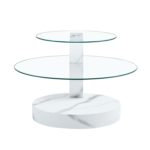 Mesa de centro com 2 níveis - design minimalista, vidro temperado, MDF branco mármore - TransparenteBranco Mesa de centro com 2 níveis - design minimalista, vidro temperado, MDF branco mármore - TransparenteBranco