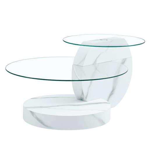 Mesa de centro com 2 níveis - design minimalista, vidro temperado, MDF branco mármore - TransparenteBranco Mesa de centro com 2 níveis - design minimalista, vidro temperado, MDF branco mármore - TransparenteBranco