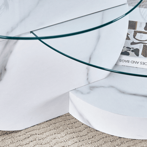 Mesa de centro com 2 níveis - design minimalista, vidro temperado, MDF branco mármore - TransparenteBranco Mesa de centro com 2 níveis - design minimalista, vidro temperado, MDF branco mármore - TransparenteBranco