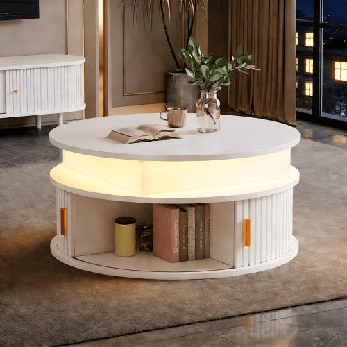 Mesa de centro elevável 75x75x52 cm - LED, redonda com arrumação oculta - branca Mesa de centro elevável 75x75x52 cm - LED, redonda com arrumação oculta - branca
