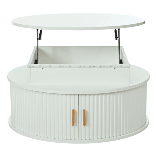 Mesa de centro elevável 75x75x52 cm - LED, redonda com arrumação oculta - branca Mesa de centro elevável 75x75x52 cm - LED, redonda com arrumação oculta - branca