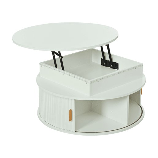 Mesa de centro elevável 75x75x52 cm - LED, redonda com arrumação oculta - branca Mesa de centro elevável 75x75x52 cm - LED, redonda com arrumação oculta - branca