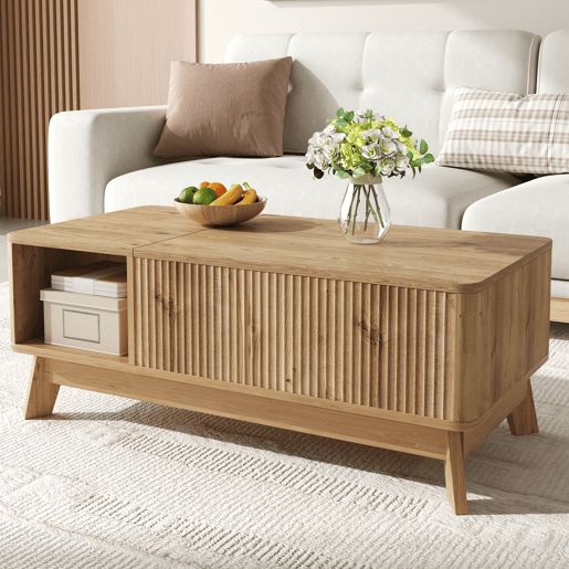 Mesa de centro elevável sem dimensões fixas - design ondulado, compartimento lateral aberto, MDF, estilo moderno - Natural Mesa de centro elevável sem dimensões fixas - design ondulado, compartimento lateral aberto, MDF, estilo moderno - Natural