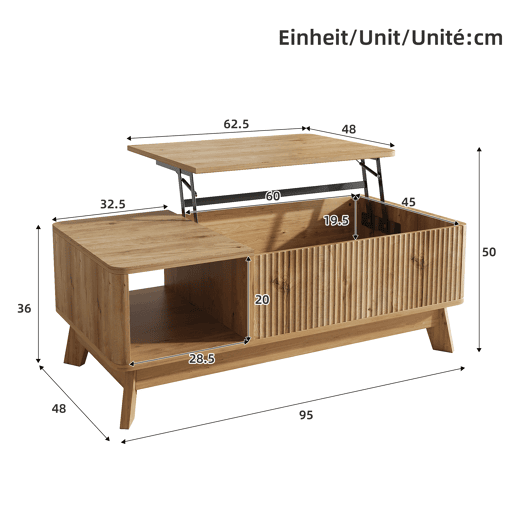 Mesa de centro elevável sem dimensões fixas - design ondulado, compartimento lateral aberto, MDF, estilo moderno - Natural Mesa de centro elevável sem dimensões fixas - design ondulado, compartimento lateral aberto, MDF, estilo moderno - Natural