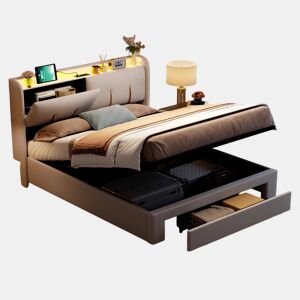 Cama de 160x200cm com porta USB, gavetas, espaço para arrumação, cama de casaladolescente, LED, veludo, Beige