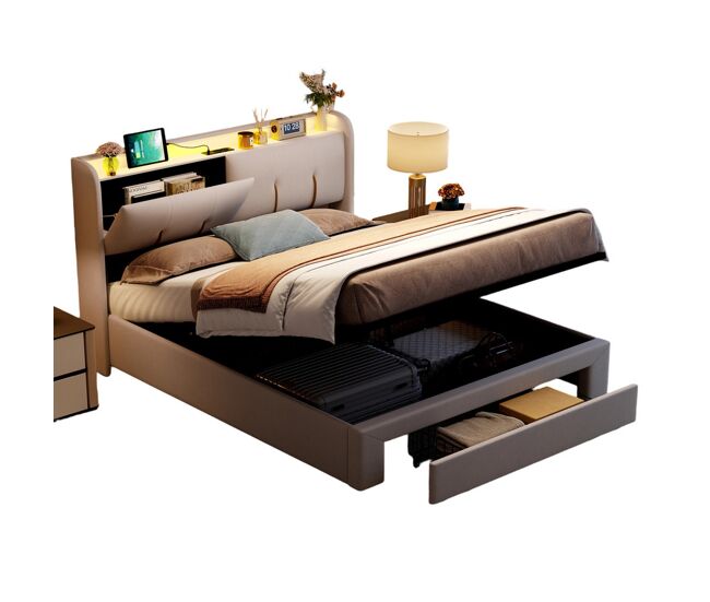 Cama de 160x200 cm con puerto usb, cajones y espacio de almacenamiento; cama doble/juvenil, led, terciopelo, beige