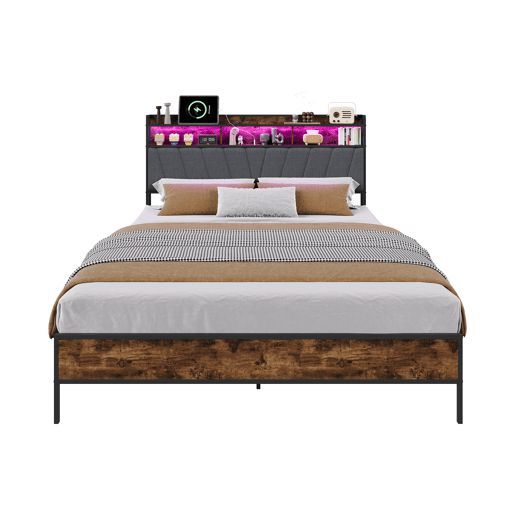 Cama de casal, 140 x 200 cm, LED, USB, estrutura metálica com estrado de ripas metálicas
