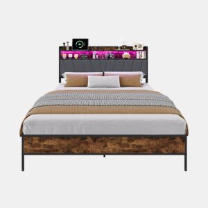 Cama de casal, 140 x 200 cm, LED, USB, estrutura metálica com estrado de ripas metálicas