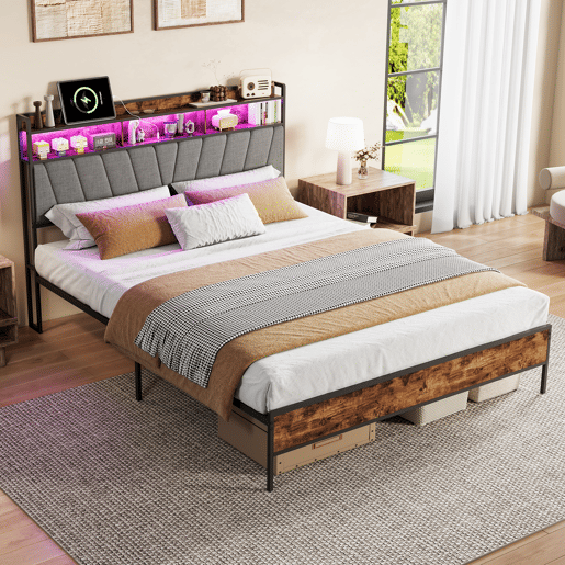 Cama de casal, 140 x 200 cm, LED, USB, estrutura metálica com estrado de ripas metálicas