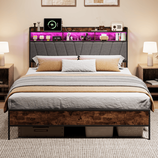 Cama de casal, 140 x 200 cm, LED, USB, estrutura metálica com estrado de ripas metálicas