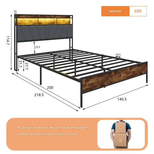 Cama de casal, 140 x 200 cm, LED, USB, estrutura metálica com estrado de ripas metálicas
