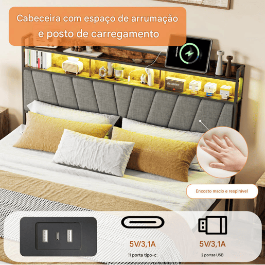 Cama de casal, 140 x 200 cm, LED, USB, estrutura metálica com estrado de ripas metálicas