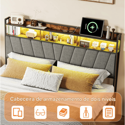Cama de casal, 140 x 200 cm, LED, USB, estrutura metálica com estrado de ripas metálicas