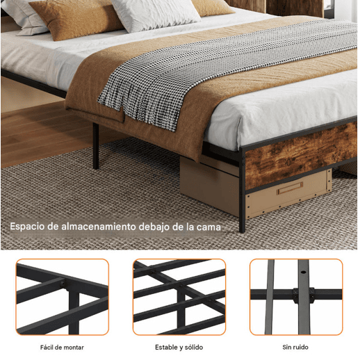 Cama de casal, 140 x 200 cm, LED, USB, estrutura metálica com estrado de ripas metálicas