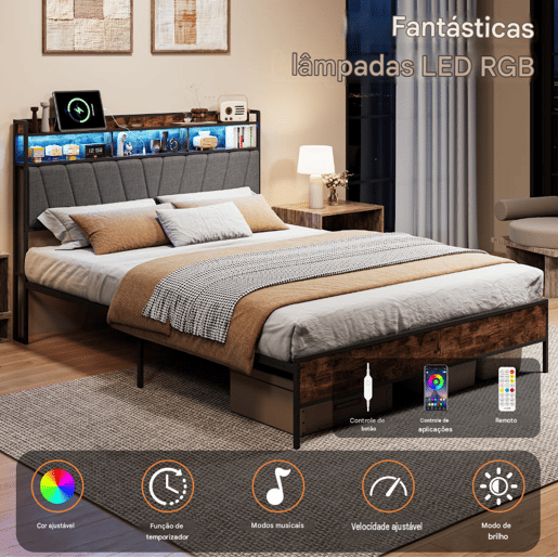 Cama de casal, 140 x 200 cm, LED, USB, estrutura metálica com estrado de ripas metálicas