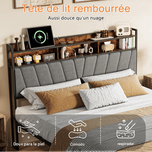 Cama de casal, 140 x 200 cm, LED, USB, estrutura metálica com estrado de ripas metálicas