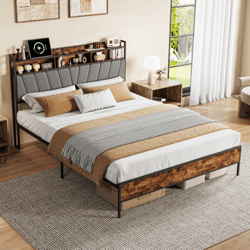 Cama de casal, 140 x 200 cm, LED, USB, estrutura metálica com estrado de ripas metálicas