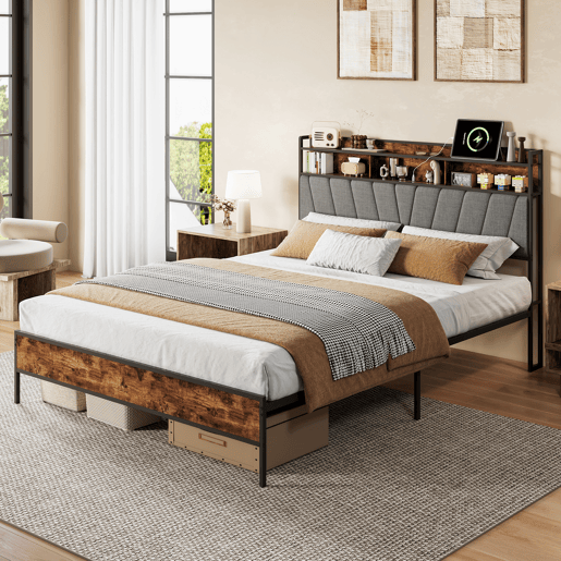 Cama de casal, 140 x 200 cm, LED, USB, estrutura metálica com estrado de ripas metálicas