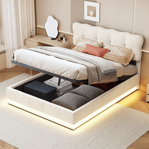 Cama de casal, 140x200 cm, LED, com espaço de arrumação, cor Beige, material em veludo