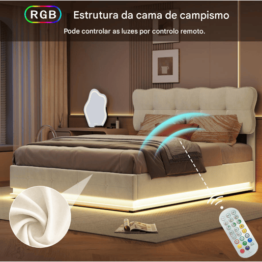 Cama de casal, 140x200 cm, LED, com espaço de arrumação, cor Beige, material em veludo